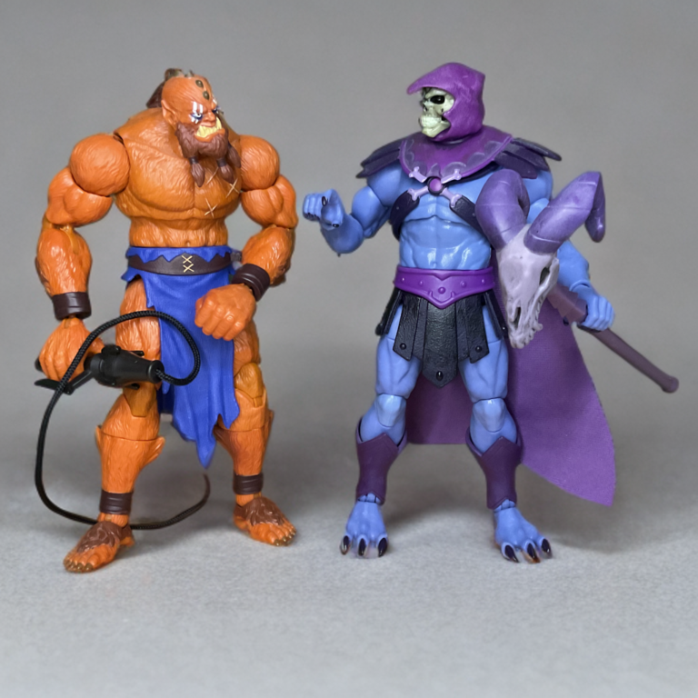 mage showing the Feral Warlord Beast Man figure posed alongside a Skeletor figure, showcasing their power dynamic.