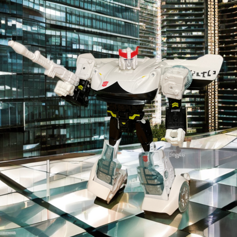 Transformers Siege Prowl action figure in his black and white Cybertronian police cruiser alt-mode.
