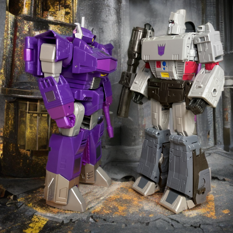 Shockwave and Megatron standing face-to-face in a tense confrontation within the Decepticon base.