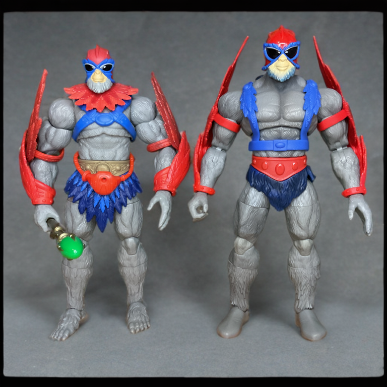Side-by-side comparison: Masterverse Vintage Stratos (red wings) vs New Eternia Stratos