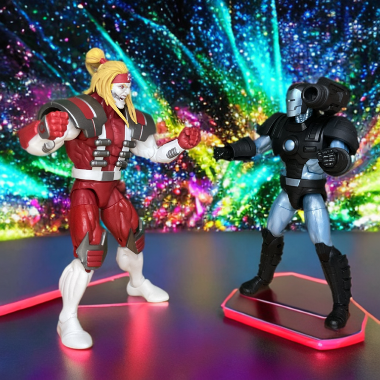 Marvel Legends Gamerverse War Machine vs. Omega Red im Doppelpack: Der bullige, grau gepanzerte War Machine steht dem purpurroten Mutanten Omega Red mit Carbonadium-Spulen gegenüber.