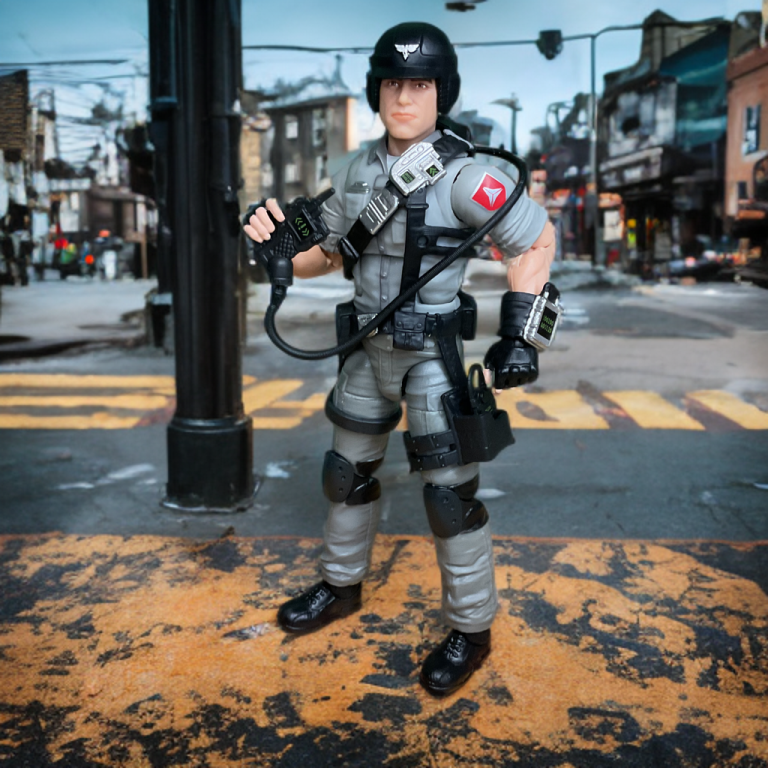 Vue détaillée de la sculpture du gilet tactique, des pochettes et de l'uniforme texturé de Mainframe.