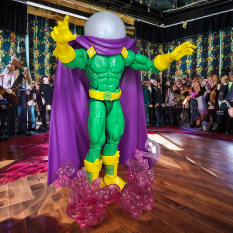 Ganzkörperansicht des mit roten Effekten neu lackierten Mysterio, der dynamisch mit wehendem Umhang, leuchtend gelben Stiefeln und abwechselnd greifenden Händen bereit für Illusionsposen steht.