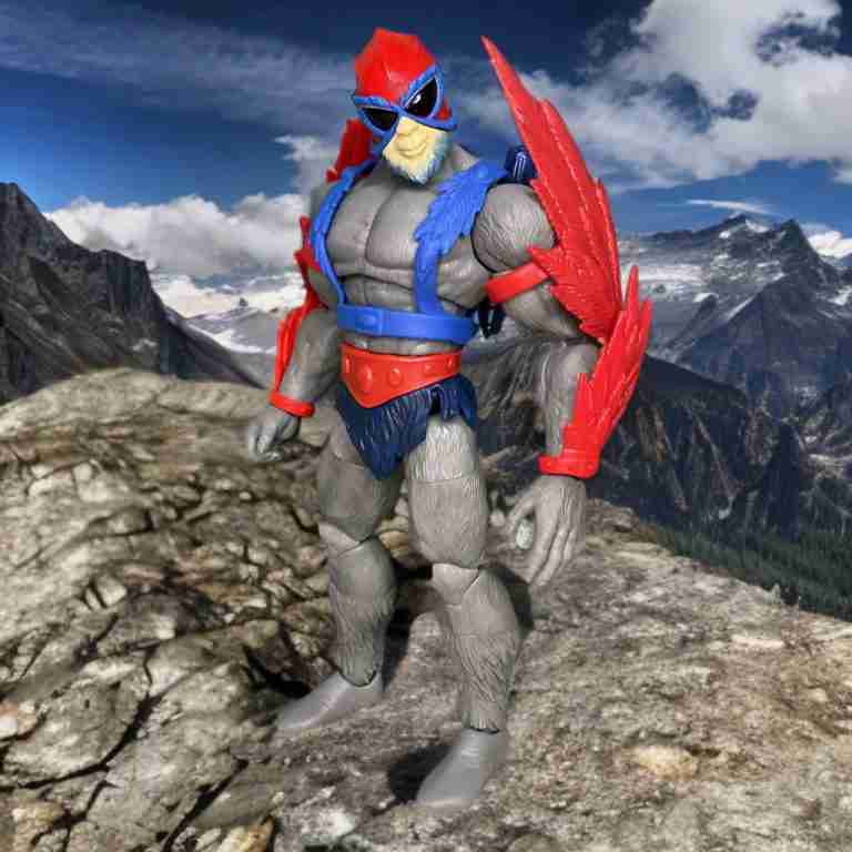 Stratos posed on a mountain top with more mountains and clouds in the background.