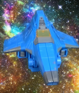 Transformers Ion Storm Siege toy in blue jet mode with battle damage and laser launchers