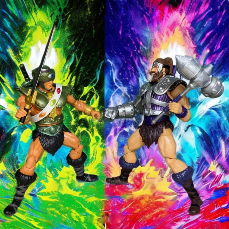 Dynamic action shot of Fisto in gladiator stance with heavy weapons Vs Tri-Klops