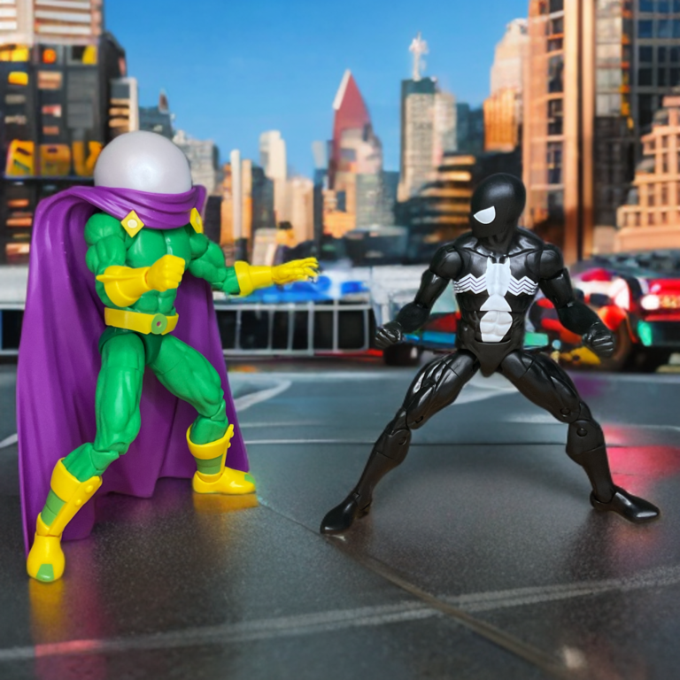 Retro Marvel Legends Mysterio tritt in der Stadt gegen Spider Man an.