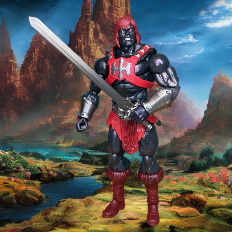 Anti-Eternia He-Man como uma peça central sombria em meio a um cenário inspirado na tradição de MOTU.