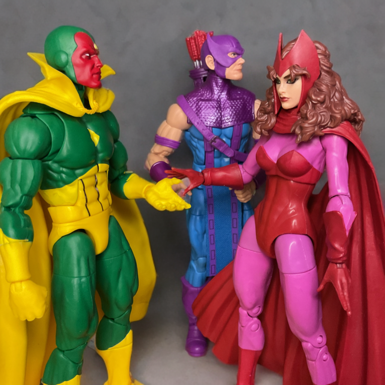 Wanda Maximoff e o Visão compartilhando um momento romântico na mansão dos Vingadores, com o Gavião Arqueiro olhando para o lado.