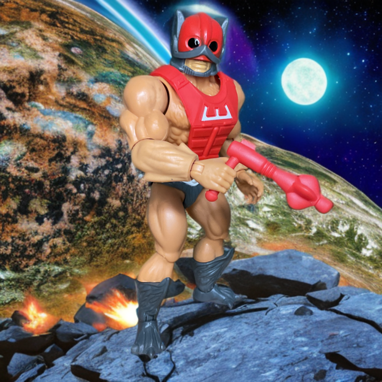 Figurine 2020 MOTU Origins Zodac des Maîtres de l'Univers, portant des bottes rouges, un casque à godets et tenant un pistolet laser.