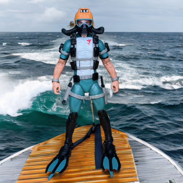 Wet-Suit’s accessories including flippers, mask, air tanks, and spear gun laid out on a flat surface.