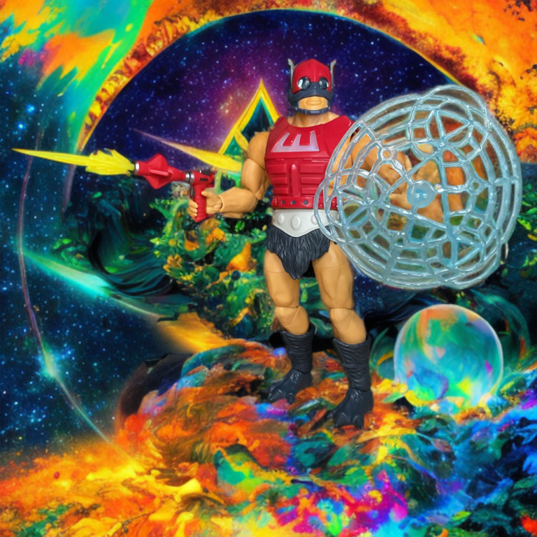 Figurine Masterverse New Eternia Zodac en pose détaillée avec une armure cosmique et une arme.