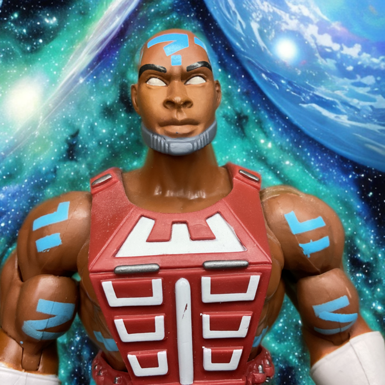 Gros plan de la figurine de Zodak des Masters of the Universe Classics montrant les tatouages détaillés et la conception du guerrier.