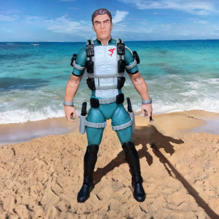 lose-up of Wet-Suit’s torso showing the detailed texture of the "rubber" diving suit and harness.