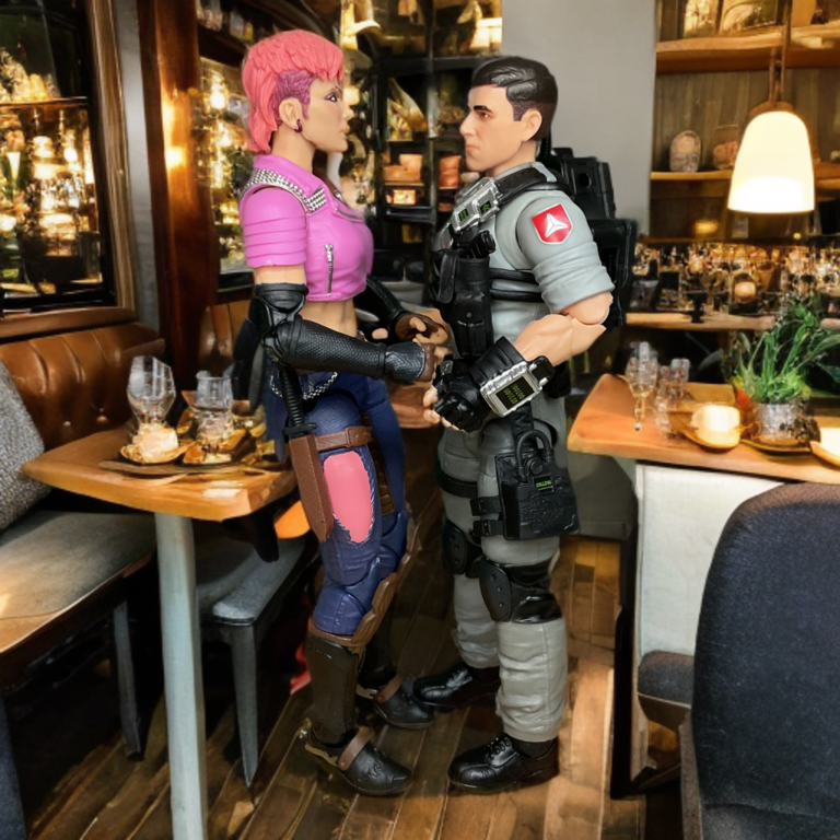 Mainframe and Zarana on a date at a restaurant.