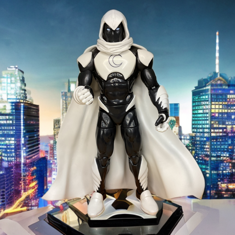 Moonknight standing on a platform with the city skyline in the background.