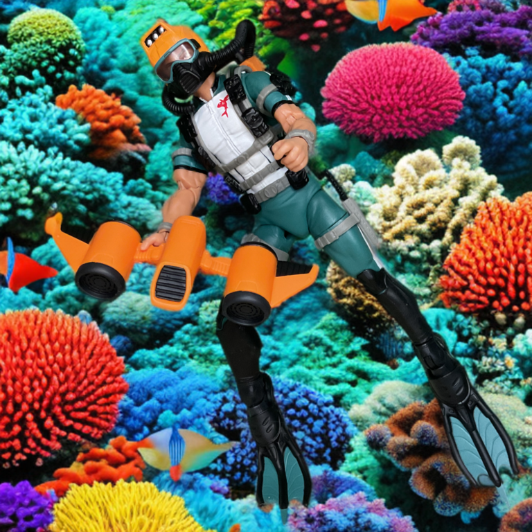 Side view of the Wet-Suit figure highlighting the vibrant orange panels against the matte black suit.