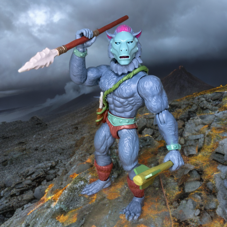 Red Shadow with spear posed on a mountain top.