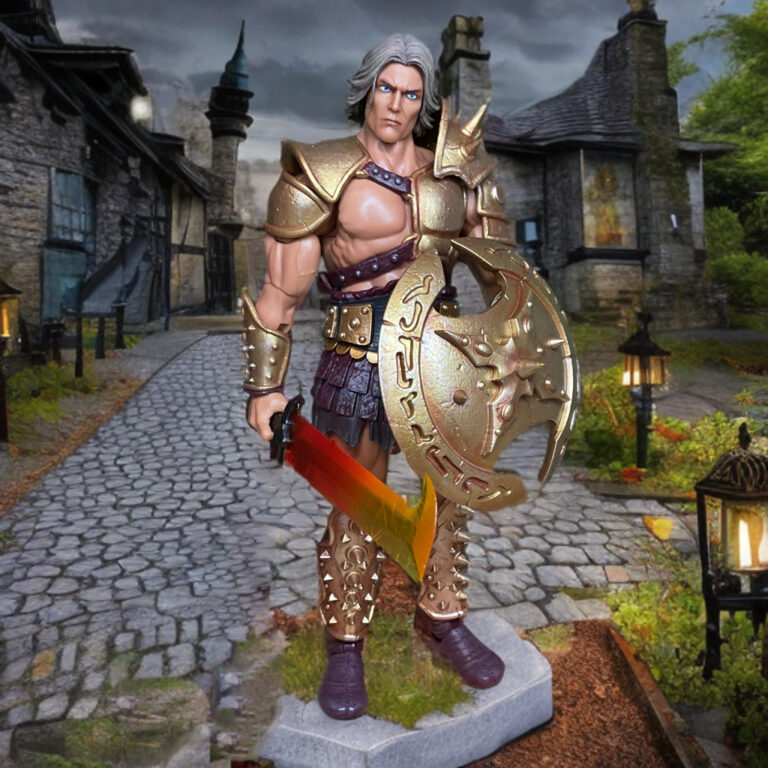 剣と盾を持つウーマンのアクション・フィギュアの全身ショット。.