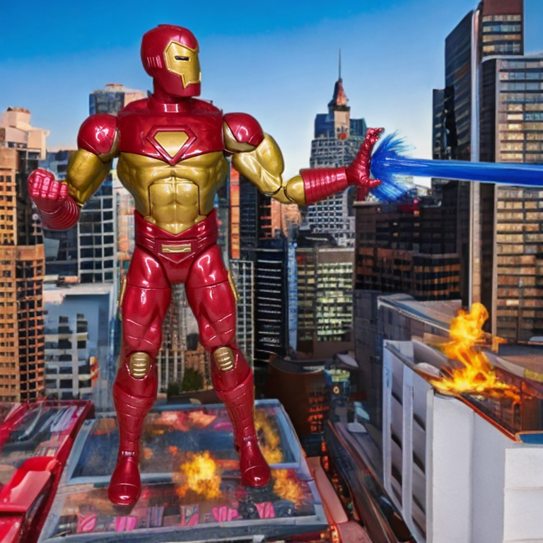 Gros plan sur la figurine d'Iron Man (style animé Force Works), mettant en évidence le design distinctif de l'armure de 1994.