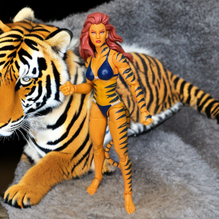 Tigra in a dynamic pouncing pose, showcasing her orange fur and striped patterns.