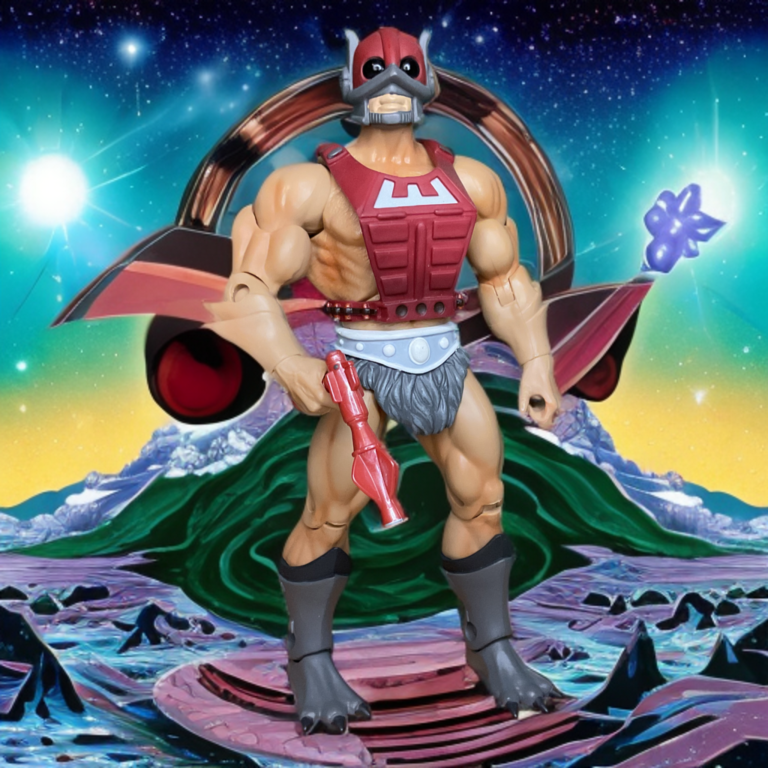Figurine classique de Zodac de MOTU posée avec son blaster rouge emblématique et son armure cosmique sur une planète surréaliste.