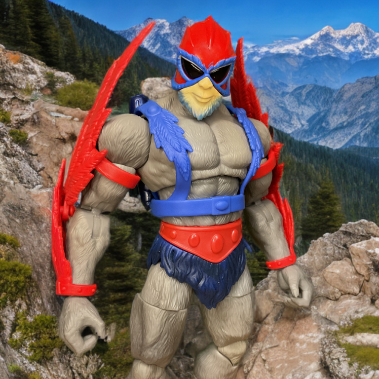 Stratos high atop a mountain with red wings and blue harness.