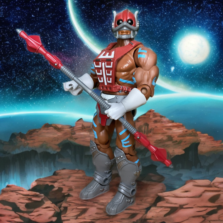 Figurine Zodak de MOTU Classics avec des tatouages tribaux violets lumineux, un bâton et une cape à capuchon.