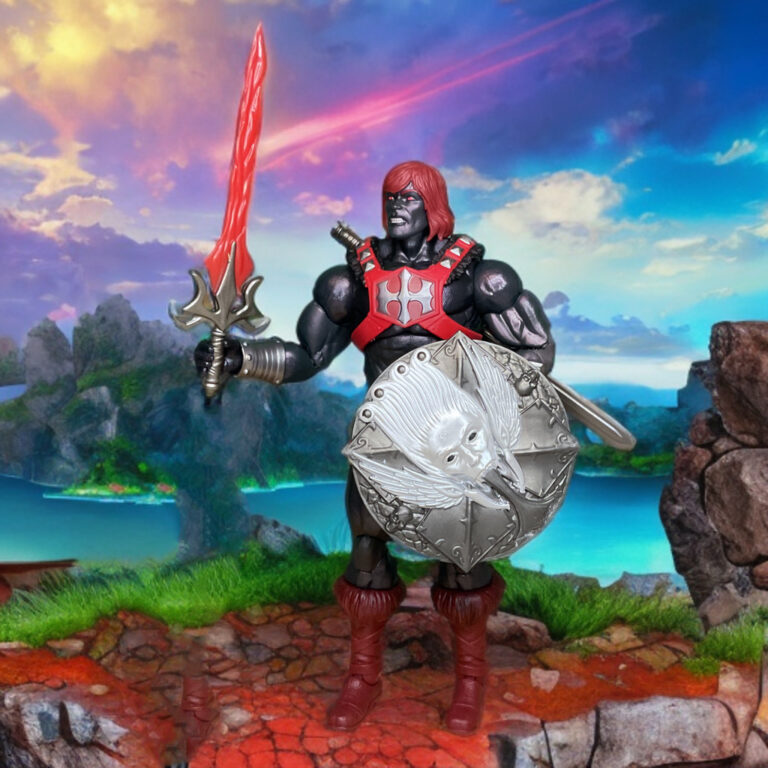 Anti-Eternia He-Man empunhando uma espada, com o punho vermelho evocando destruição neste colecionável MOTU.