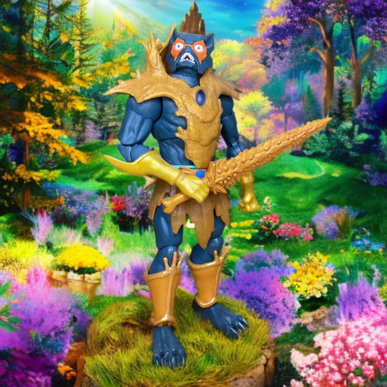 Masterverse-Actionfigur von Mer-Man (Revelation-Version), die seine dunklere Farbgebung und seine zerfledderte Rüstung hervorhebt.