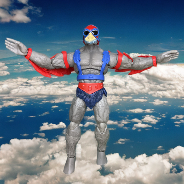 Masterverse Vintage Stratos dynamic flying pose with red wings and blue harness