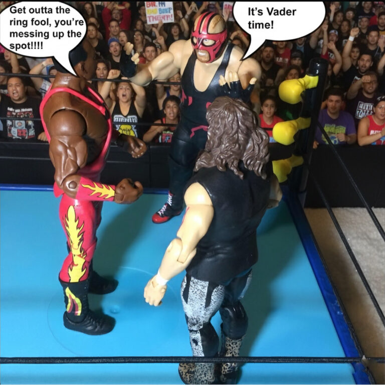 Big Van Vader enters the ring off script to confront Stevie Ray interrupting the wrestling match.