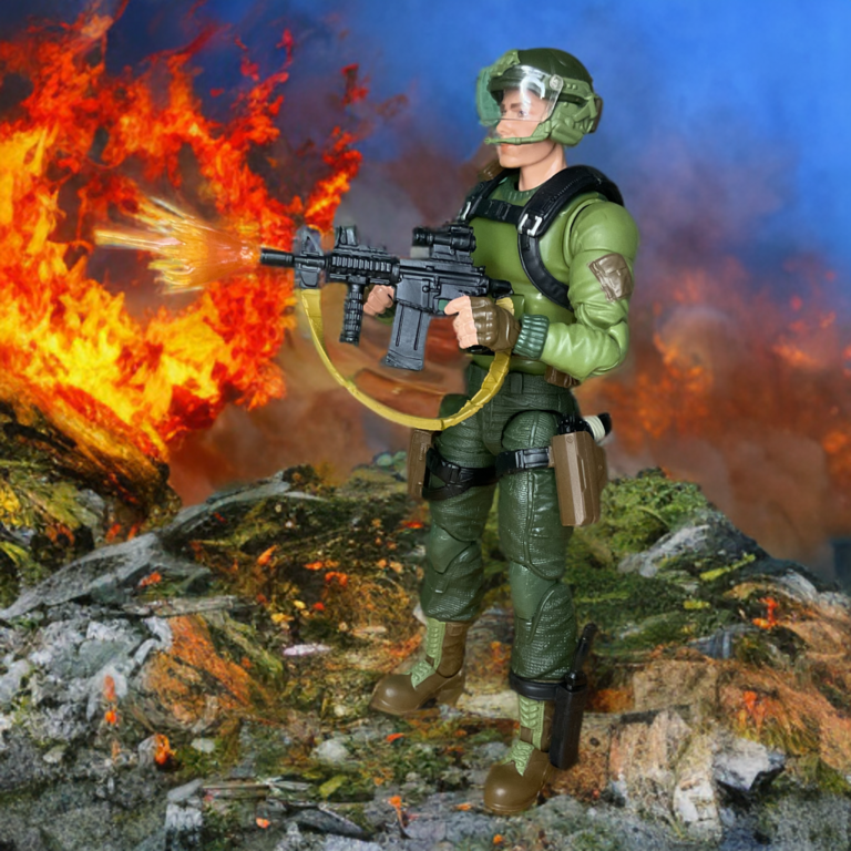 Nahaufnahme der Classified Series Short-Fuze-Figur mit Mündungsknalleffekten und angebrachtem Zubehör.