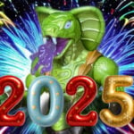 MOTU Masterverse Kobra Khan Actionfigur mit grünem Schlangenkopf und lila Zunge, die triumphierend vor einem farbenfrohen Feuerwerk steht und mit großen dekorativen “2025”-Ballons in Rot, Blau und Gold das neue Jahr feiert. Bild für den Artikel Top-Actionfiguren des Jahres 2025.