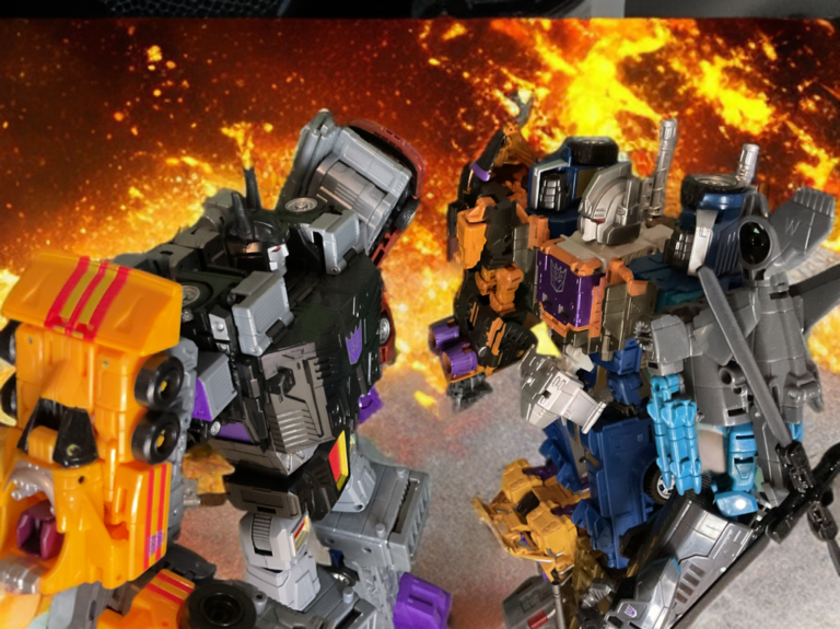 Menasor Transformers combiner in aggressive stance, representing chaotic vehicular power against the structured military design of Bruticus in classic G1 combiner rivalry style.