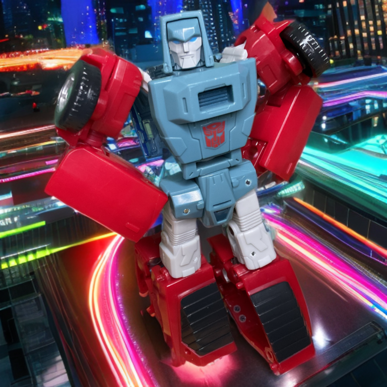 Transformers Studio Series Windcharger Deluxe Figur in mächtiger Roboter-Pose mit Stadtskyline im Hintergrund.
