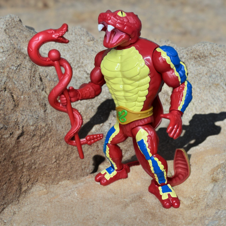 Masters of the Universe Rattlor action figure with extendable yellow neck and red snake staff