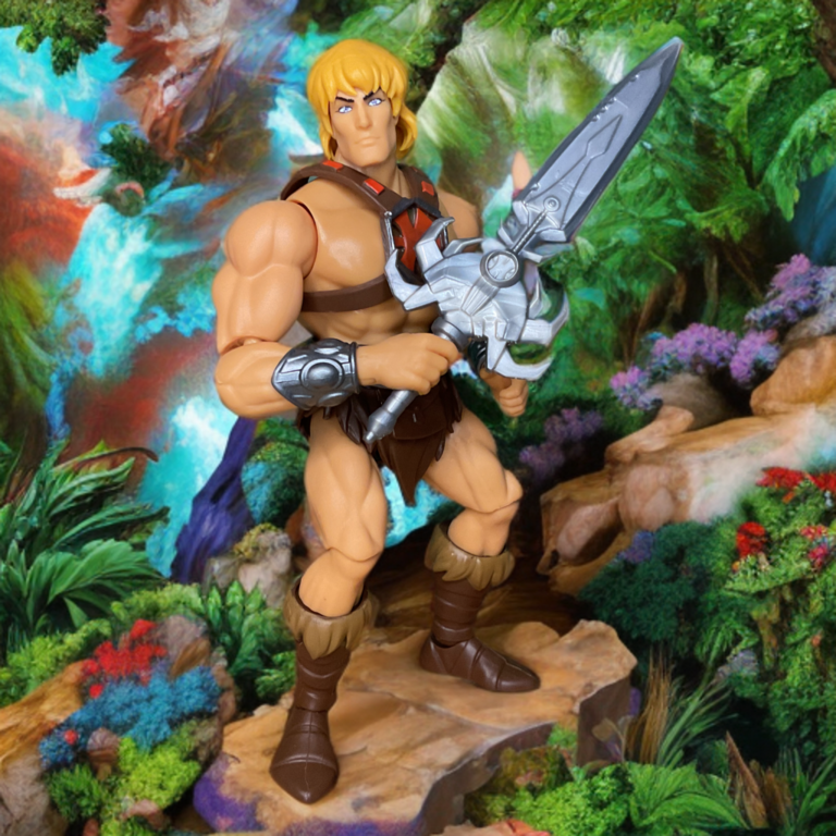 He-Man de la collection de dessins animés Masters of the Universe Origins, inspirée de la série animée de 2002, tenant l'épée de puissance dans une pose héroïque.