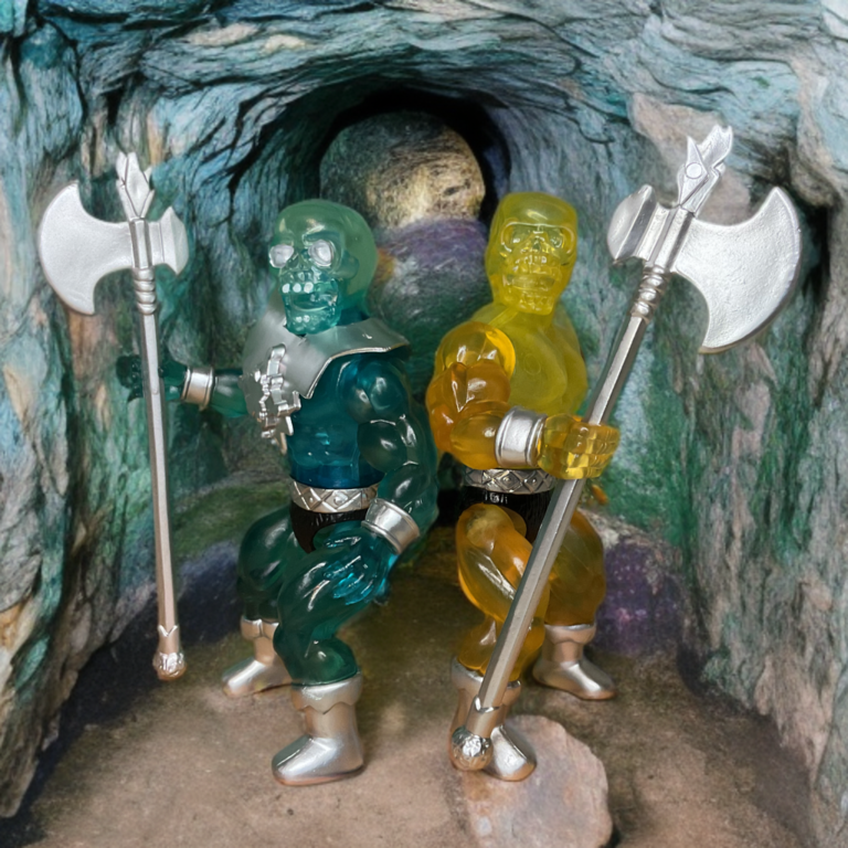 Figurines de contrebandier de bijoux en plastique translucide bleu et jaune.