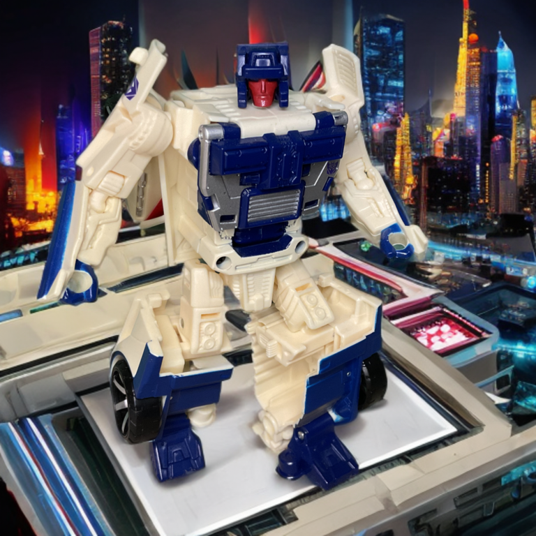Breakdown Transformers robot mode, white Lamborghini Countach Decepticon in hunched pose.
