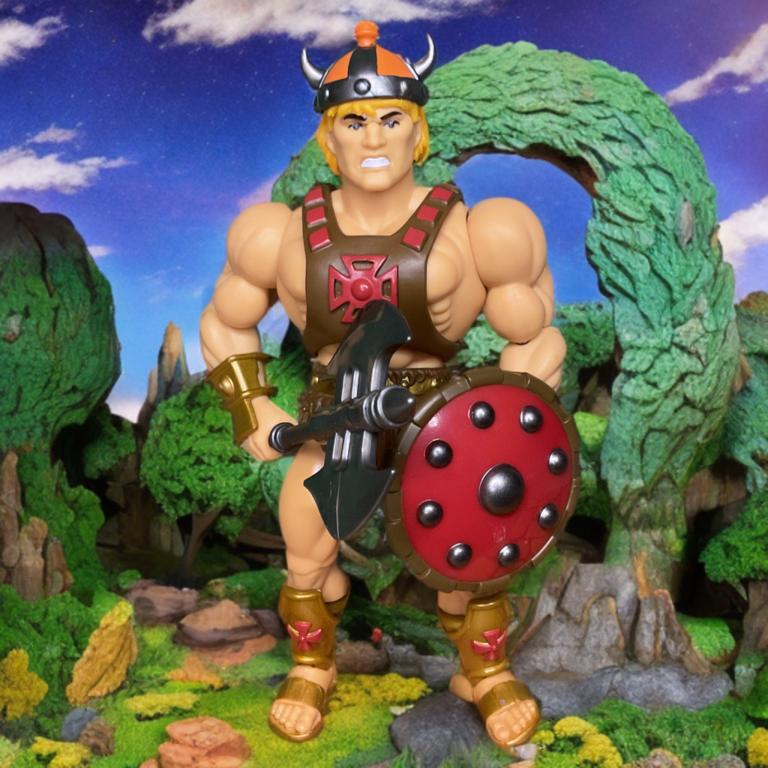 Profil avant de He-Man de style barbare de la ligne Origins Sketchbook montrant le harnais et les sandales.