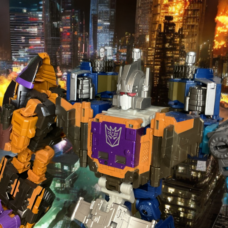 Bruticus Transformers combiner close-up head and face detail, G1-inspired design with red visor, antennae, and purple accents highlighting military precision.