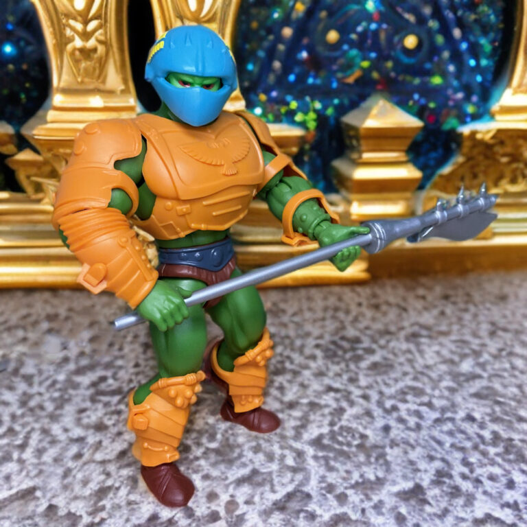 Snake Men Infiltrator Figur in Stealth-Pose, die mit ihren hypnotischen Augen im Hintergrund verschwindet.