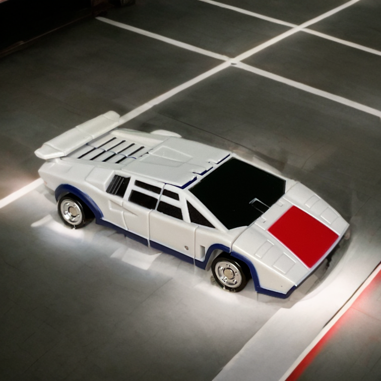 Breakdown Transformers G1 white Lamborghini Countach alt mode, iconic wedge-shaped supercar.