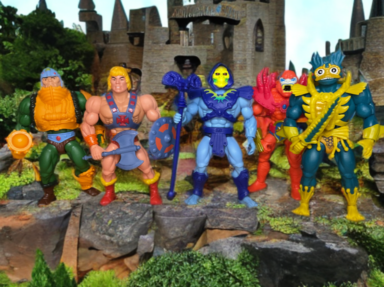 Group photo of the five MOTU Origins Lords of Power figures standing together on display.