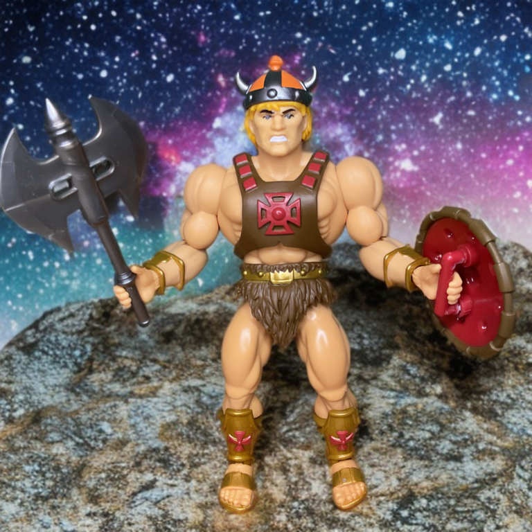 He-Man Sketchbook Series avec un casque échangé, tenant un bouclier rouge en position de combat défensif.