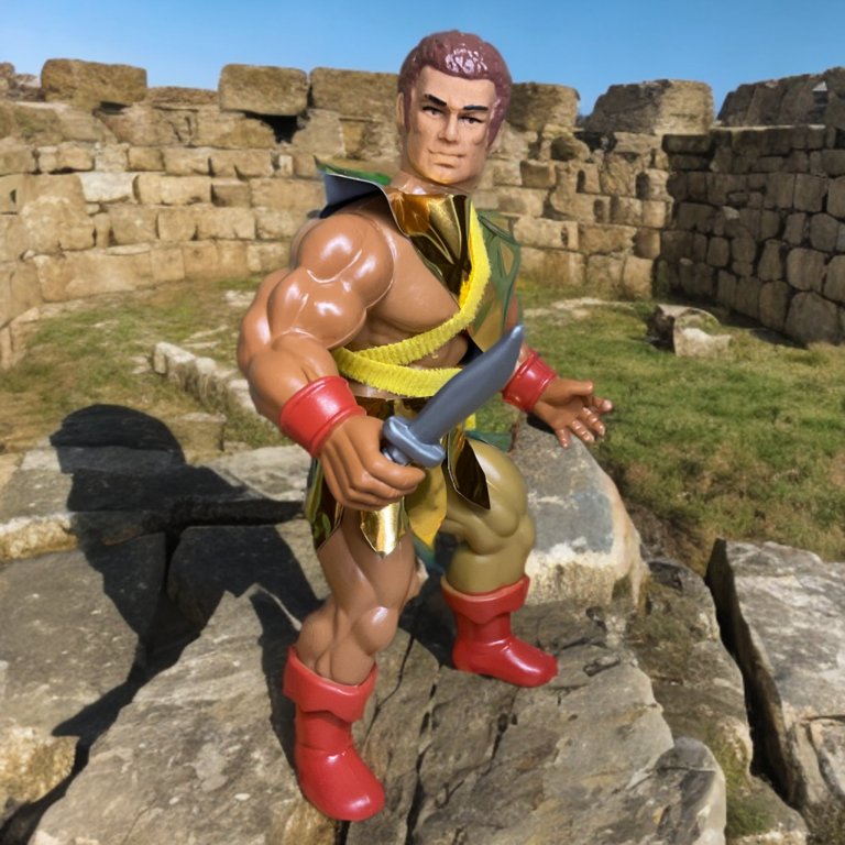 Vintage Remco Machiste Actionfigur mit Streitkolben und Schildzubehör.