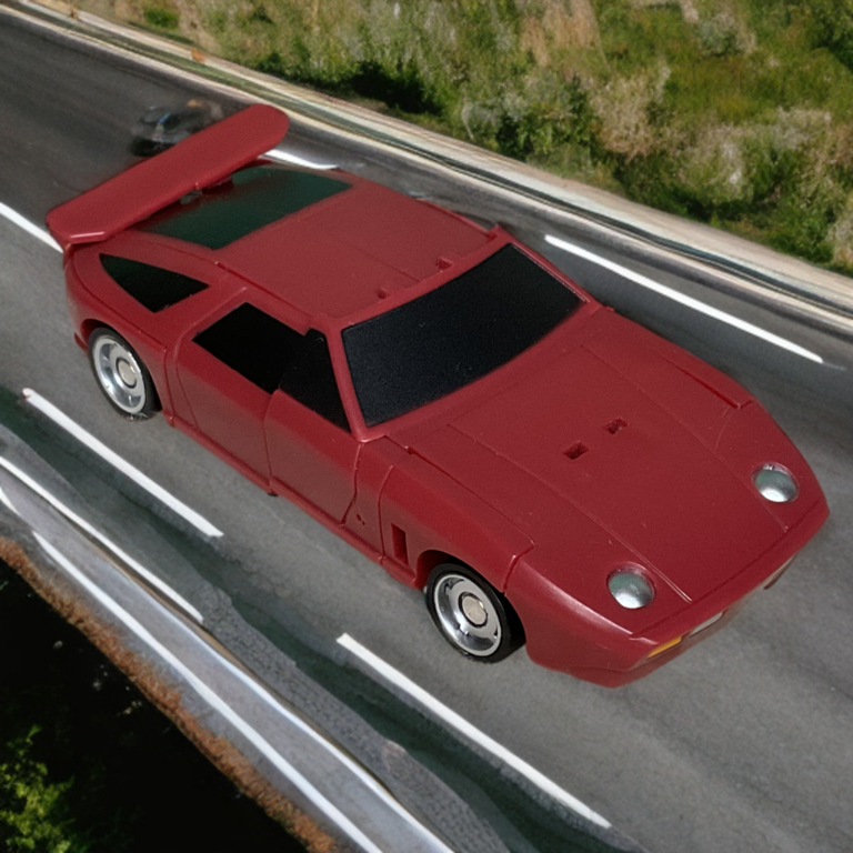 Dead End Transformers G1 Porsche 928 alt mode, deep maroon sports car.