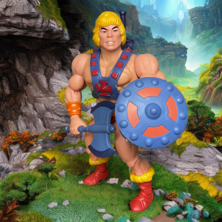 MOTU Origins Lords of Power He-Man figure with rugged barbarian details, holding axe and shield.
