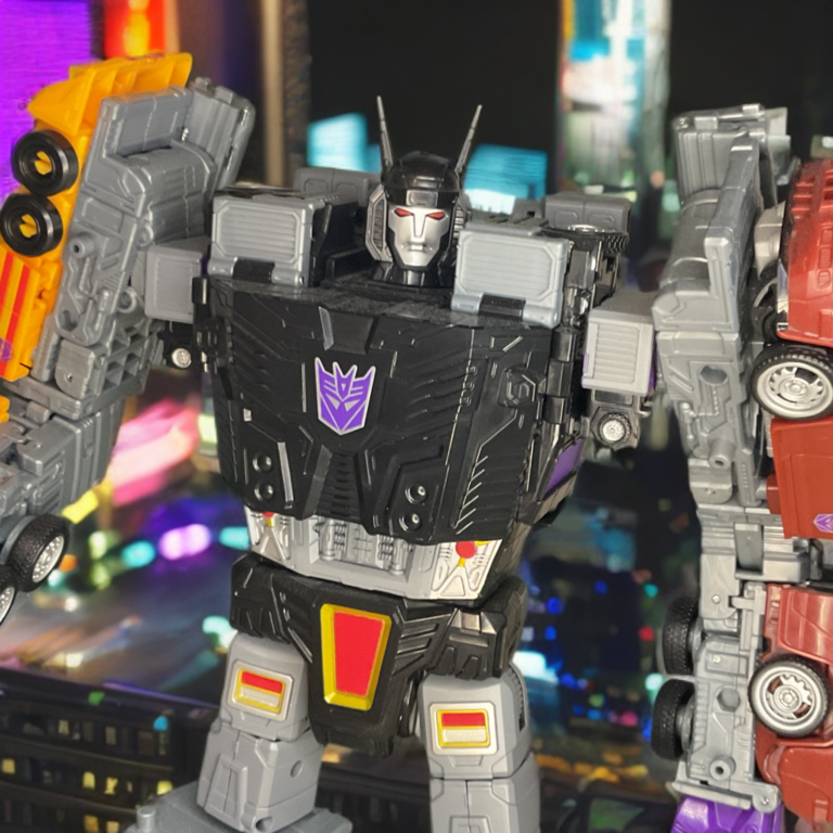 Close-up of Menasor Transformers G1 combiner in full aggressive pose, city backdrop highlighting raw power.